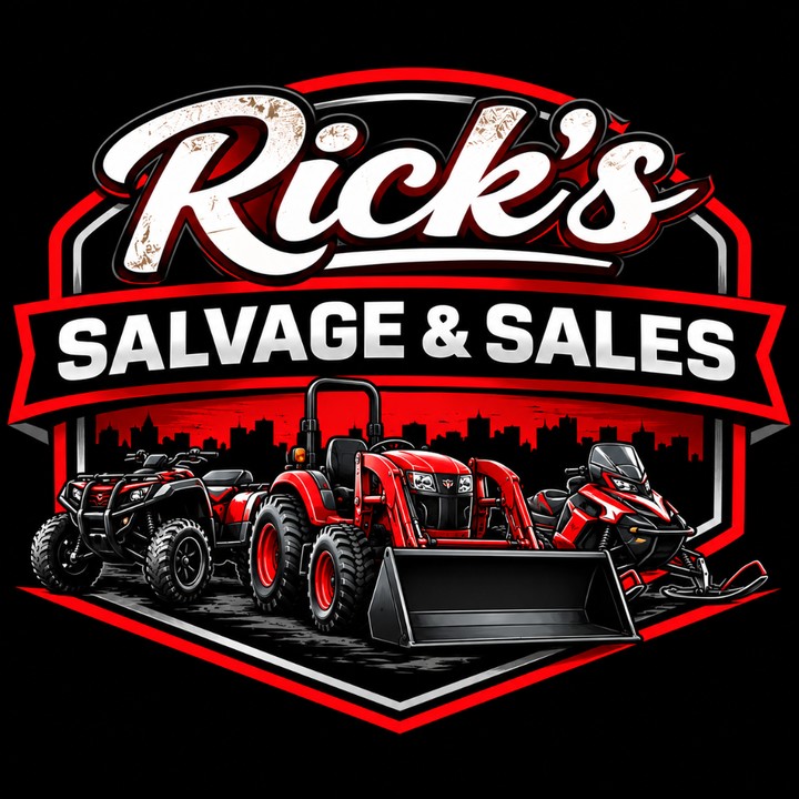 Rick's Salvage & Sales emblem — an ATV, compact tractor and snowmobile on a red shield beneath the Rick's script wordmark